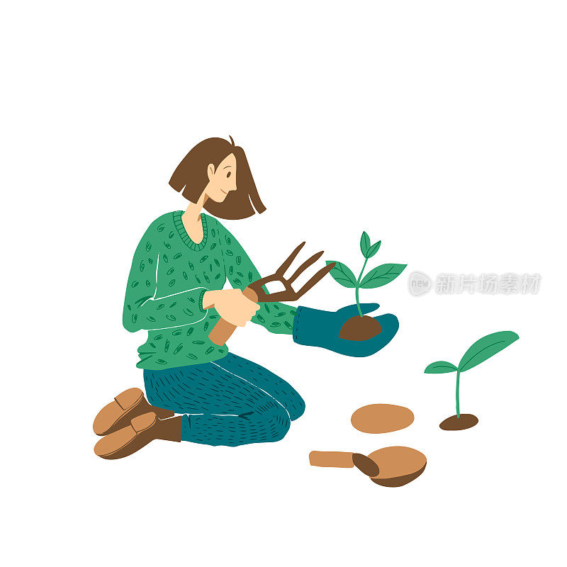 A woman is planting a plant, gardening. Set of vector flat hand drawn illustrations of people doing garden job - planting, growing and transplant sprouts, self-sufficiency concept.